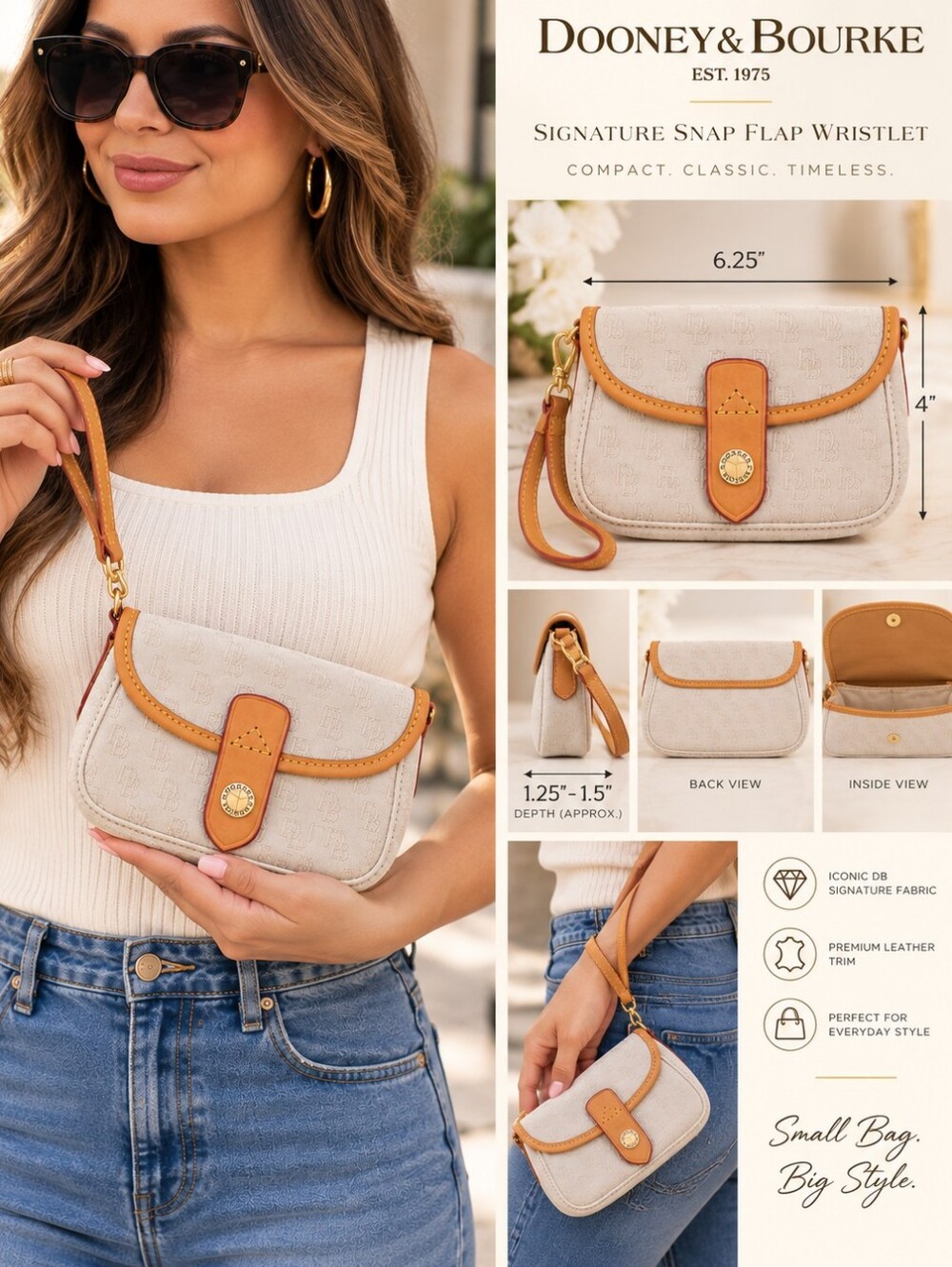 Dooney & Bourke Cream wristlet with Tan Leather Trim